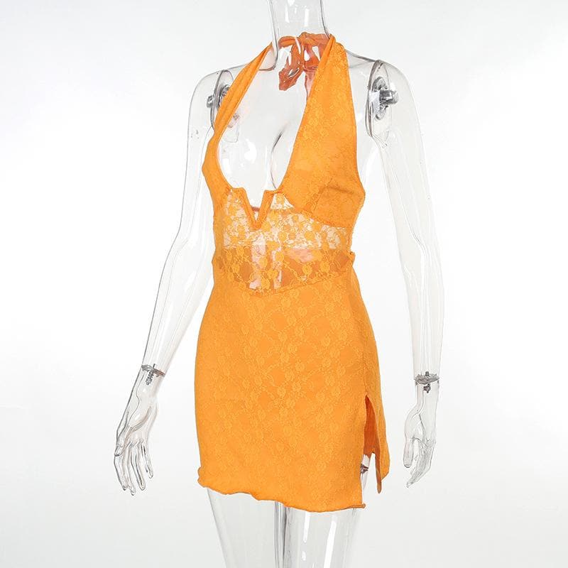 Lace Halter Deep V-Neck High Split Mini Dress