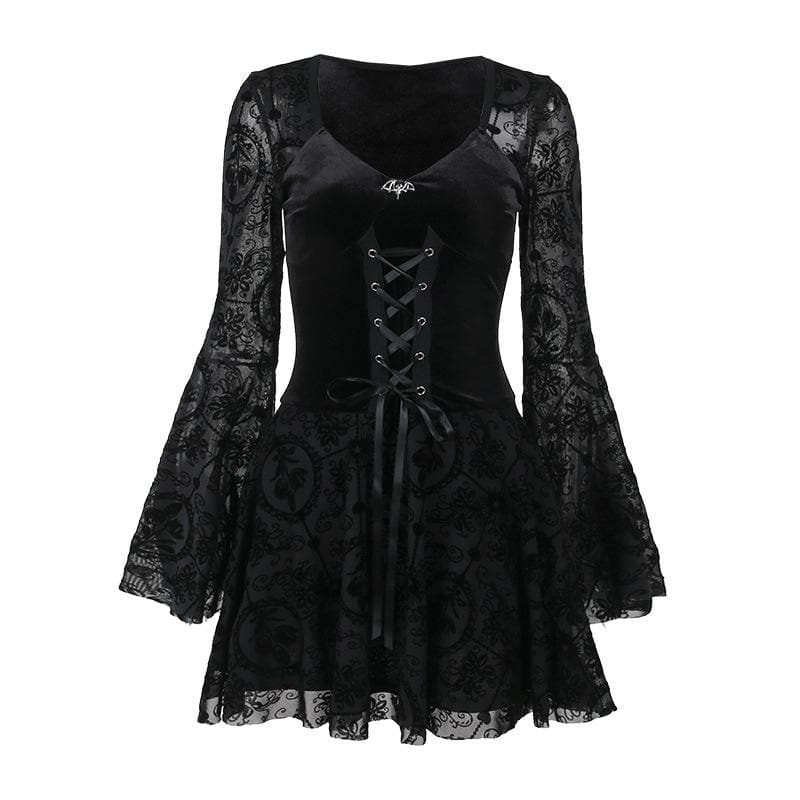 Flared sleeve velvet lace up solid patchwork mini dress - View 2