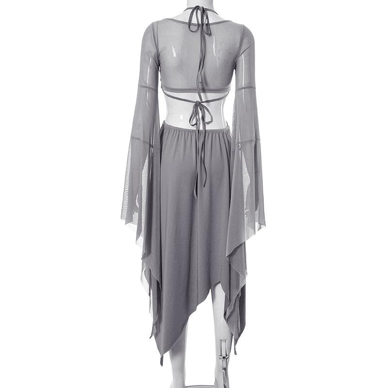 Mesh Halter Neck Flared Sleeve Cut Out High Split Midi Dress
