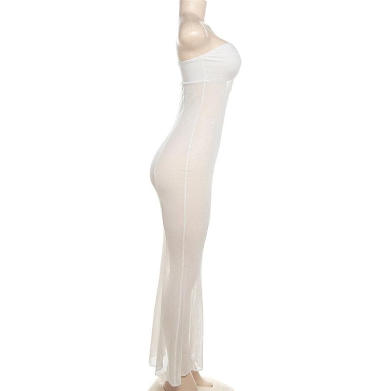 Mesh see through o ring hollow out backless tube maxi dress 5