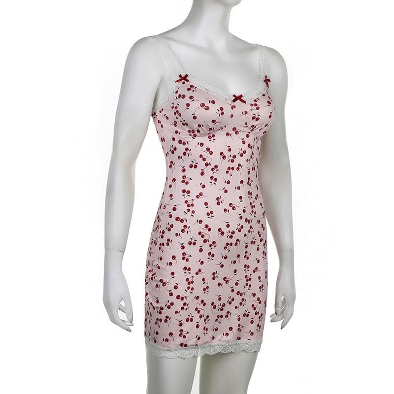 Cherry print contrast lace hem v neck sleeveless mini dress - View 3