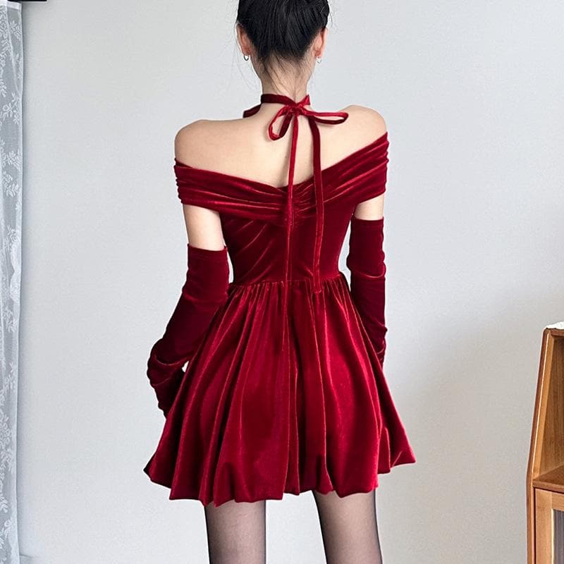 Velvet ruched zip-up off shoulder long sleeve solid mini dress 4