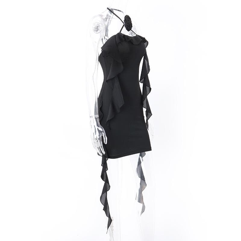 Halter Neck Flower Applique Ruffle Bodycon Mini Dress
