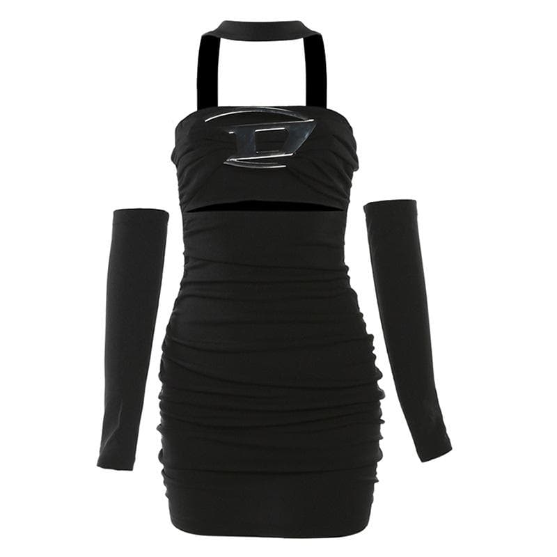 Glove Halter Neck Cut Out Ruched Bodycon Mini Dress