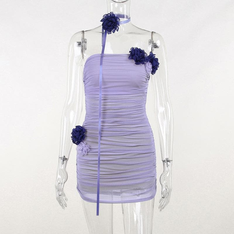 Strapless Rosette Ruched Mesh Backless Bodycon Mini Dress
