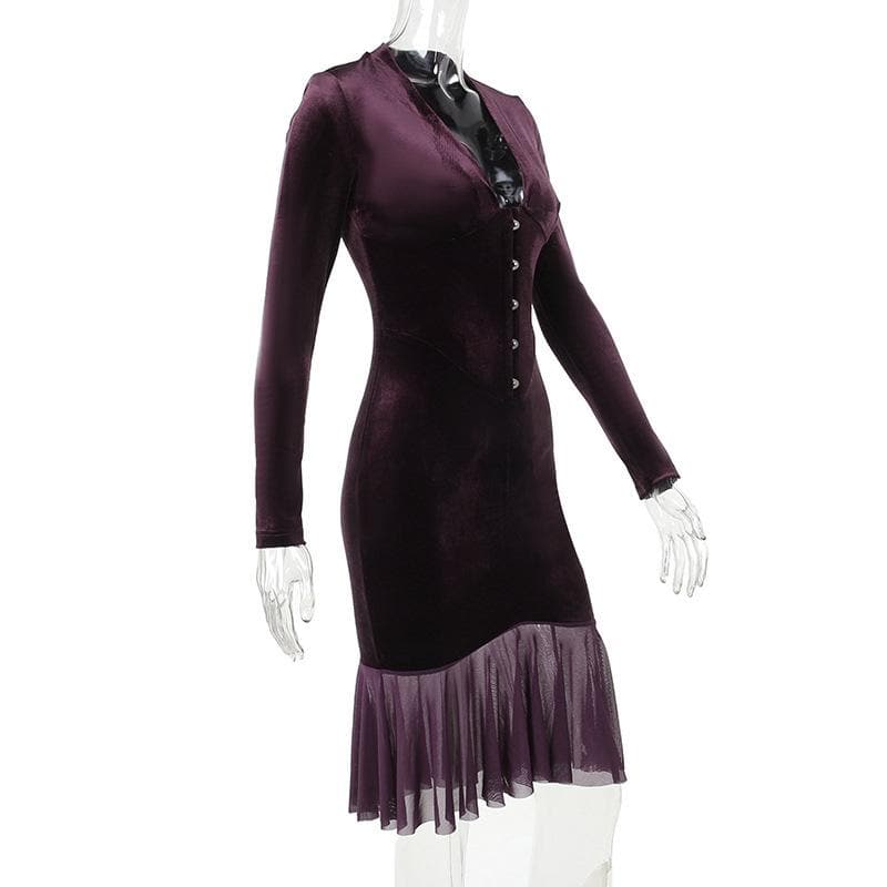 Velvet button ruffle long sleeve v neck solid midi dress - View 3