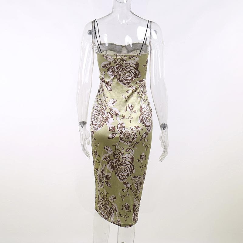 Satin Floral Lace Trim Spaghetti Strap Ruched Bodycon Midi Dress