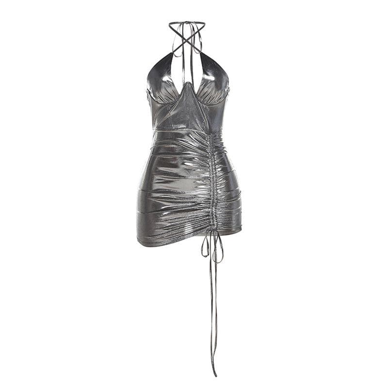 Metallic Halter Neck Ruched Drawstring Bodycon Mini Dress