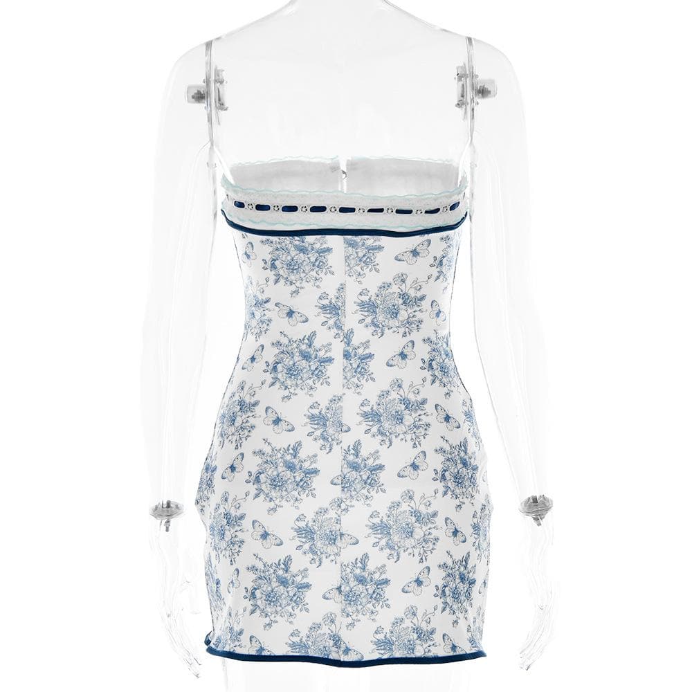 Floral Print Lace Trim Strapless Lace Up Bodycon Mini Dress