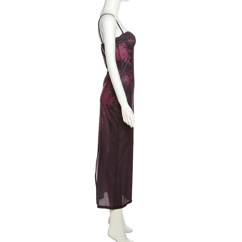 Floral Print Spaghetti Strap Lace Trim Bustier Mermaid Maxi Dress
