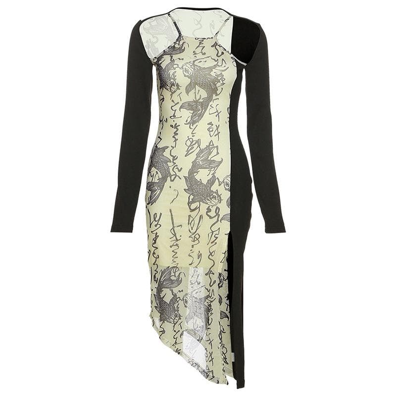 Halter Neck Long Sleeve Cut Out Bodycon Slit Midi Dress