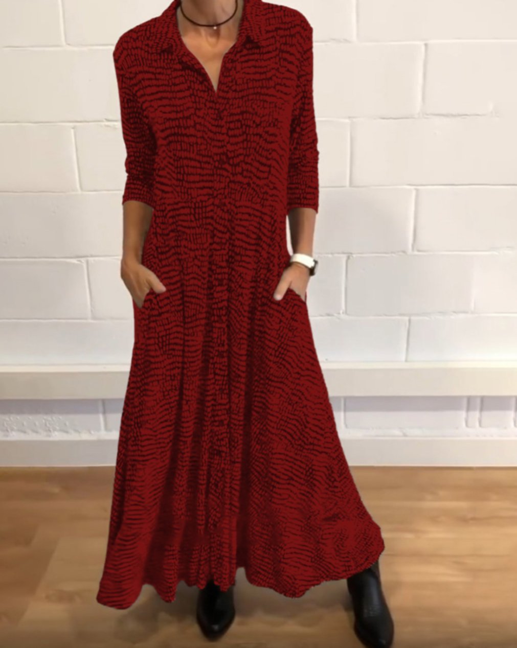 Printed Collared Long Sleeve Pocket Maxi Dress 5