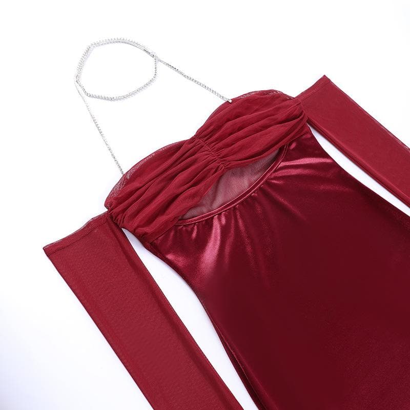 Mesh Glove Halter Neck Cut Out Ruched Bodycon Mini Dress