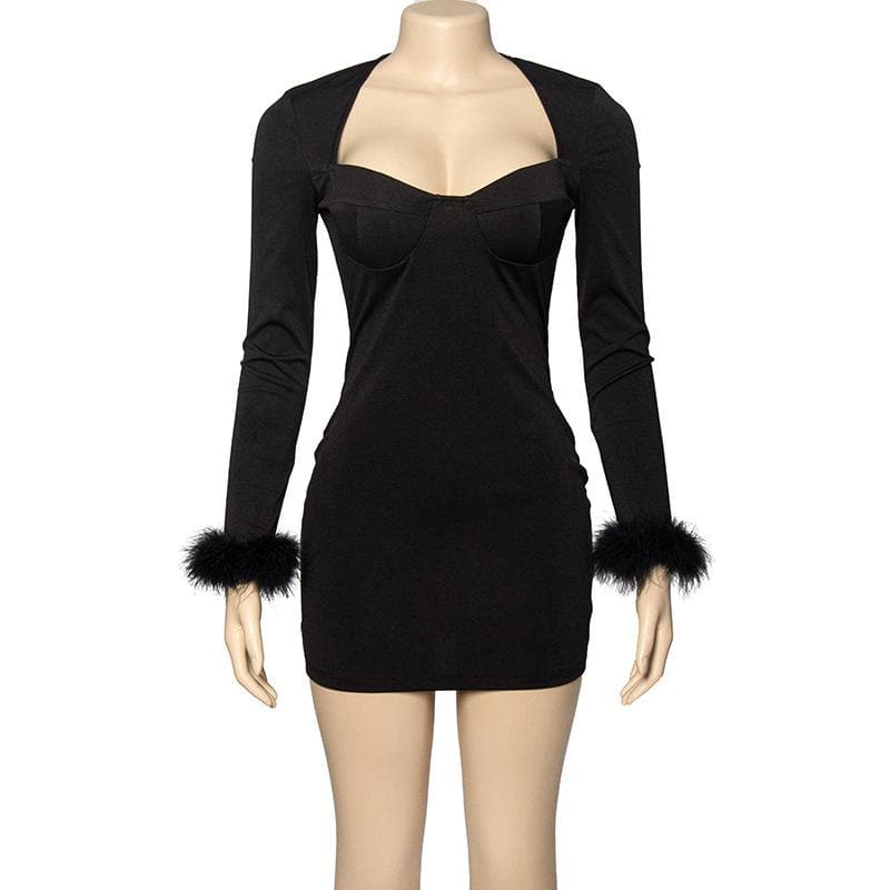 Feather Patchwork Long Sleeve Low Cut Mini Dress