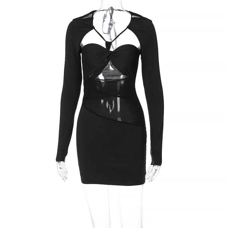 Halter Neck Long Sleeve Mesh Cut Out Twist Bodycon Mini Dress