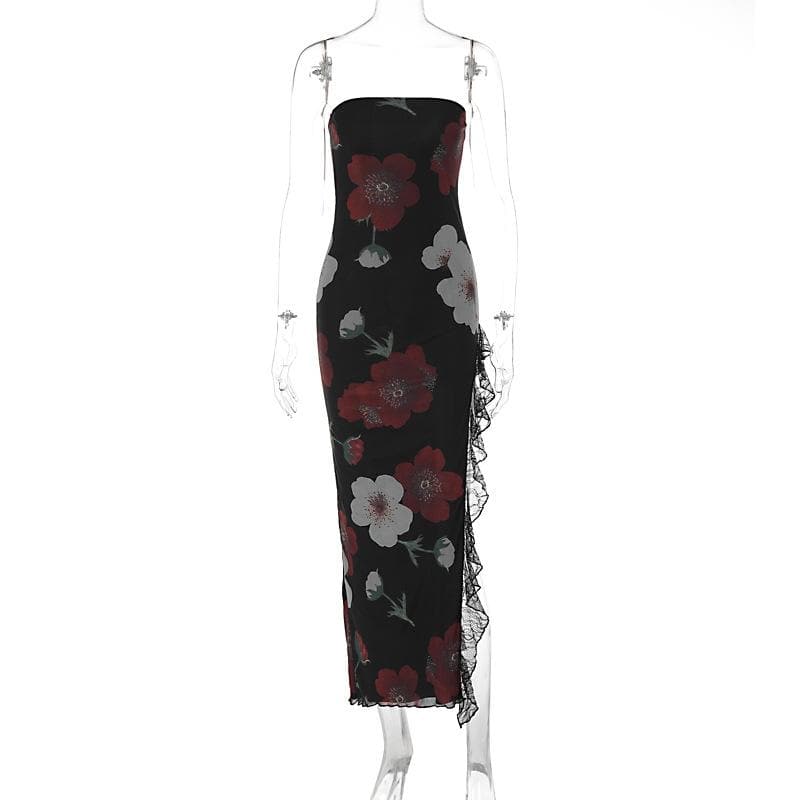 Floral Print Strapless High Split Ruffle Lace Trim Maxi Dress