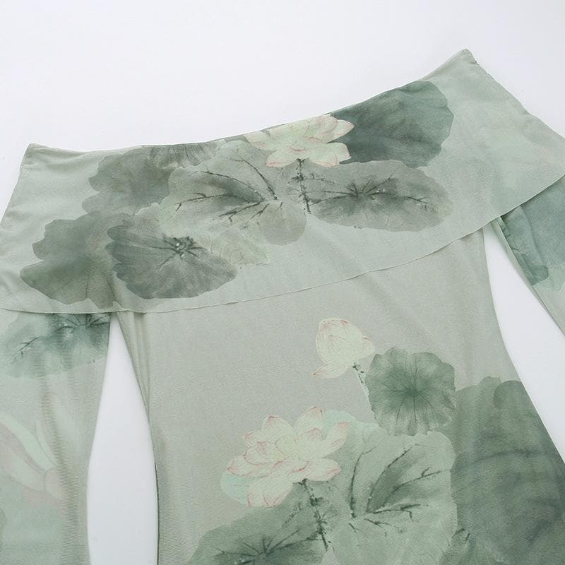 Floral Off Shoulder Long Sleeve Mermaid Maxi Dress