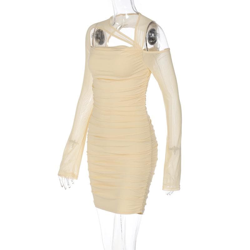 Ruched irregular mesh hollow out long sleeve mini dress 7