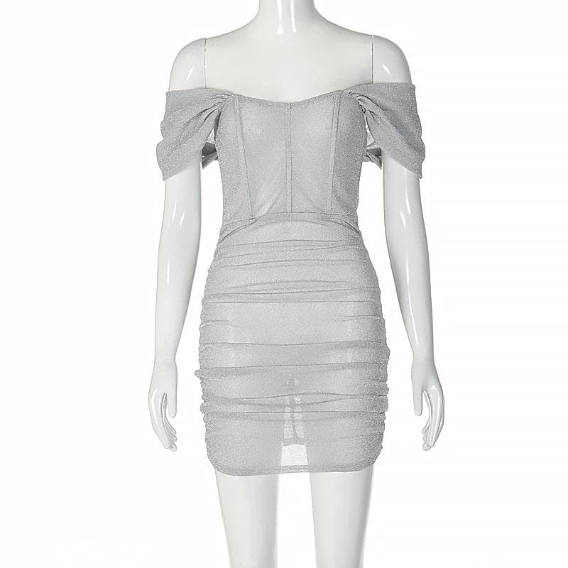 Glitter Off Shoulder Corset Ruched Bodycon Mini Dress