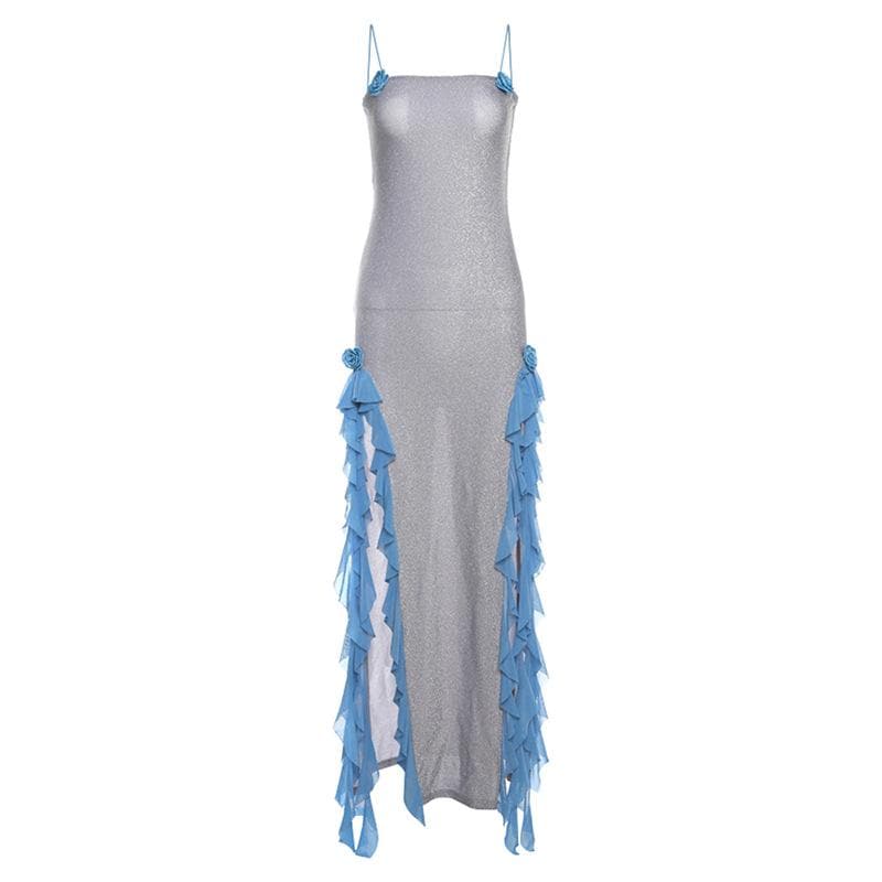 Glitter Spaghetti Strap Rosette Applique Ruffle High Split Maxi Dress 2