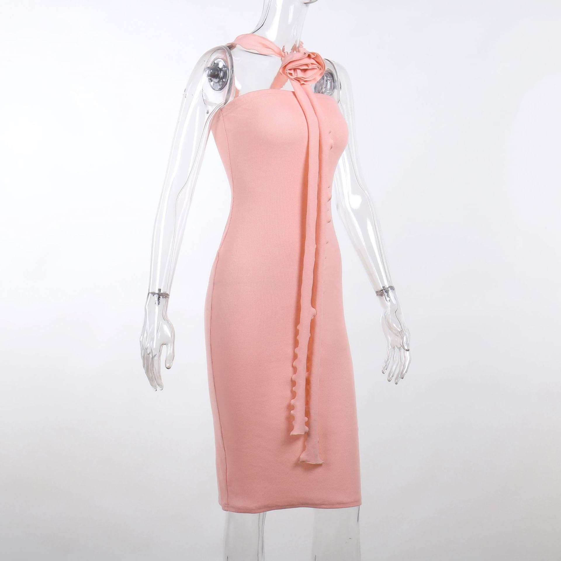 Ribbed Knit Halter Neck Flower Applique Ruffle Bodycon Midi Dress