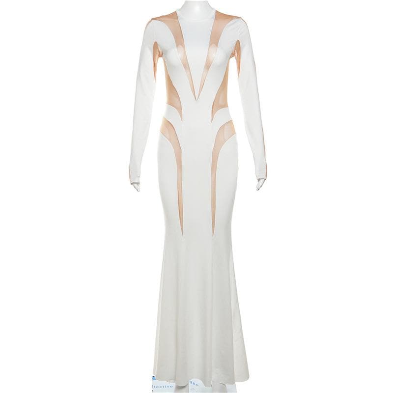 Crewneck long sleeve mesh patchwork maxi dress 5