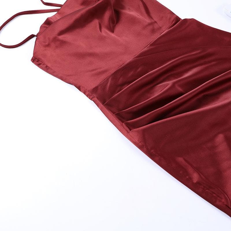 Solid satin ruched one shoulder slit midi dress - View 5