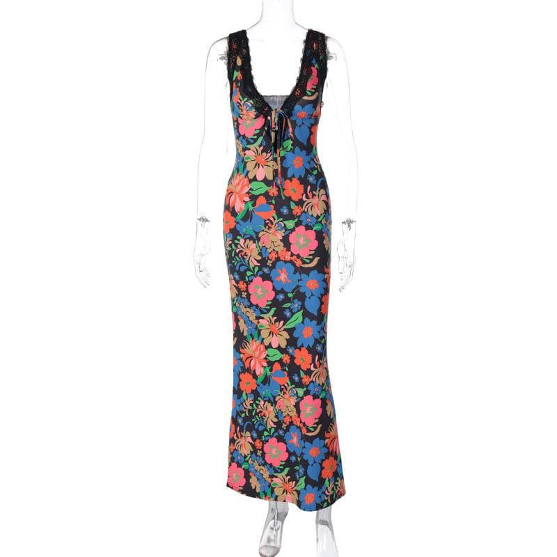 Lace hem sleeveless v neck flower print contrast maxi dress - View 8
