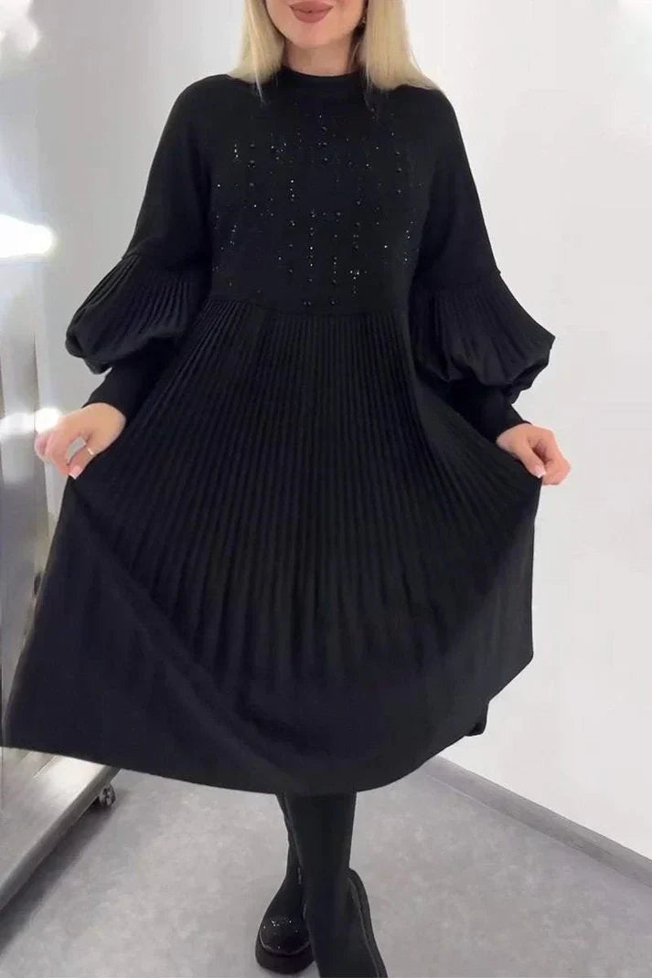 Beaded High Neck Pleated Lantern Sleeve Smock Mini Dress