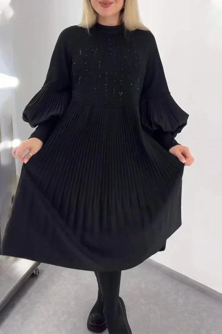 Beaded High Neck Pleated Lantern Sleeve Smock Mini Dress - View 3
