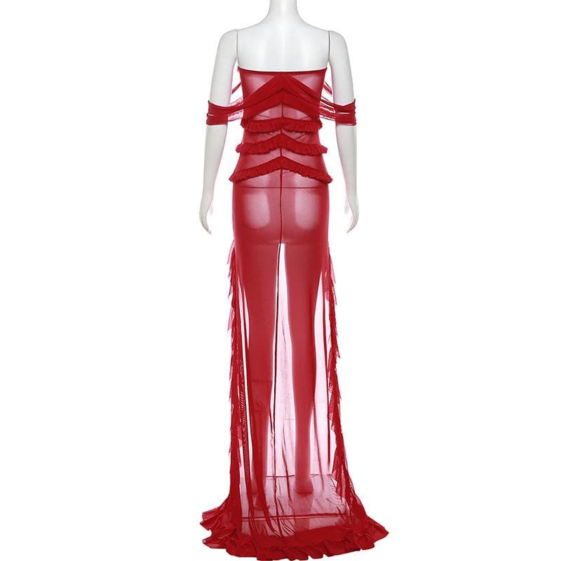 Off Shoulder Ruffle Sheer Mesh Flower Applique Maxi Dress