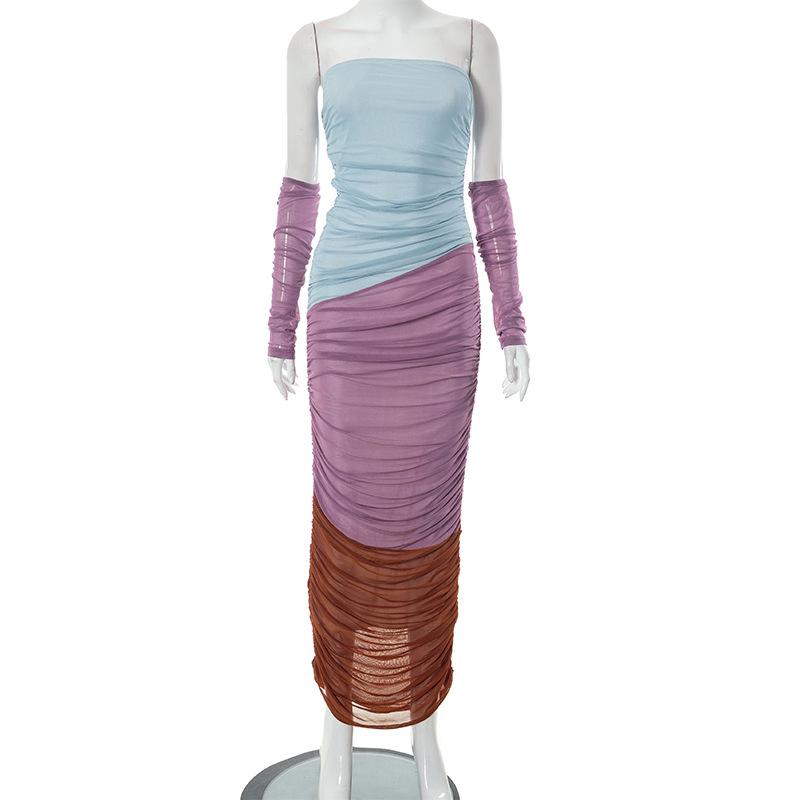 Mesh ruched contrast patchwork off shoulder maxi tube dress 8