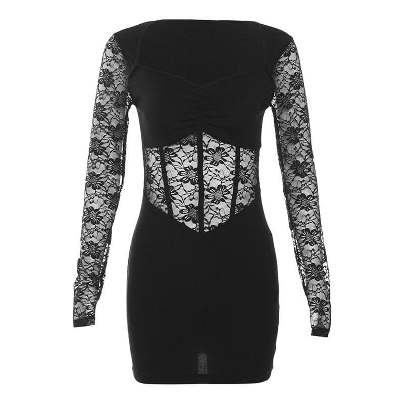 Lace Sweetheart Long Sleeve Corset Ruched Bodycon Mini Dress