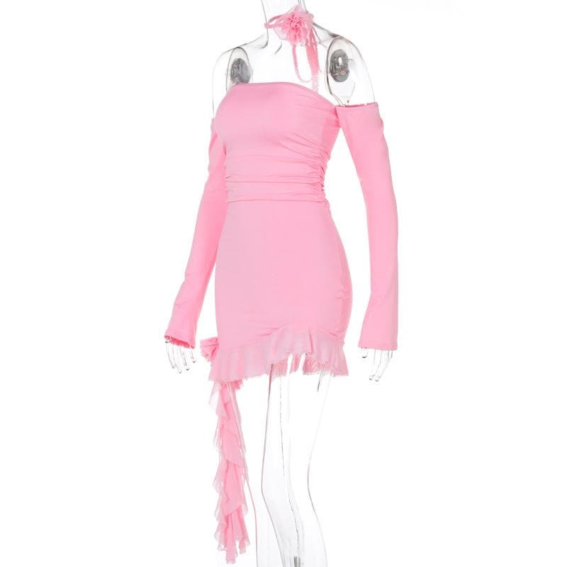 Long sleeve off shoulder flower applique ruffle ruched mini dress