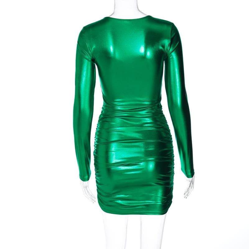 Metallic ruched long sleeve v neck mini dress - View 3