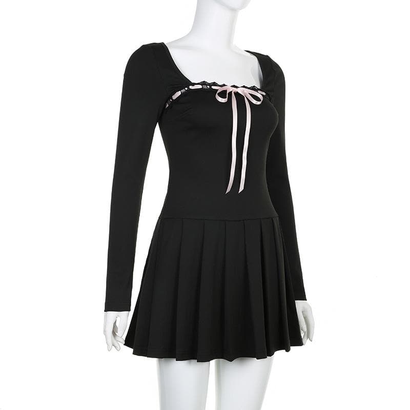 Lace hem square neck contrast long sleeve pleated mini dress 3