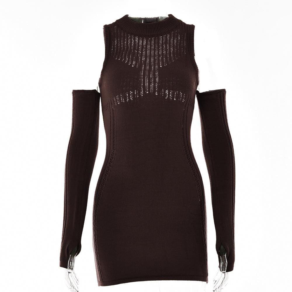 Long sleeve solid off shoulder crochet hollow out mini dress - View 8