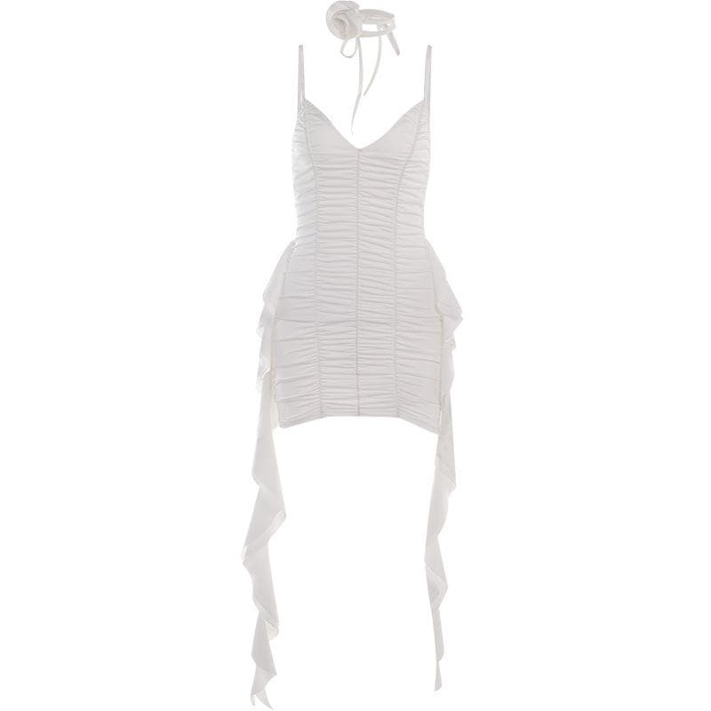 V-Neck Spaghetti Strap Ruched Bodycon Mini Dress