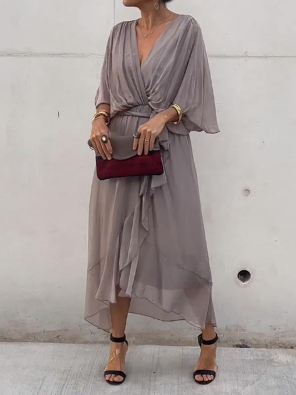 Chiffon Deep V-Neck Batwing Wrap Midi Dress 4