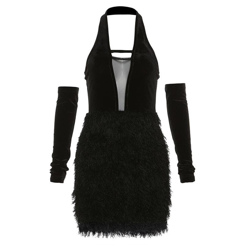 Mesh Halter Neck Glove Sleeve Cut Out Fringe Mini Dress