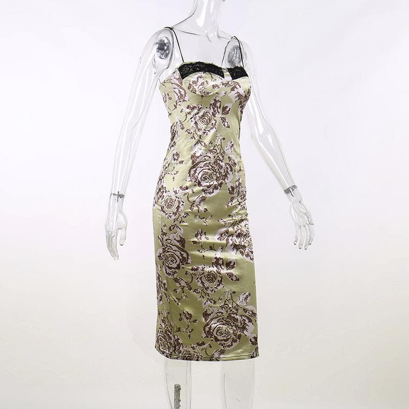 Satin Floral Lace Trim Spaghetti Strap Ruched Bodycon Midi Dress