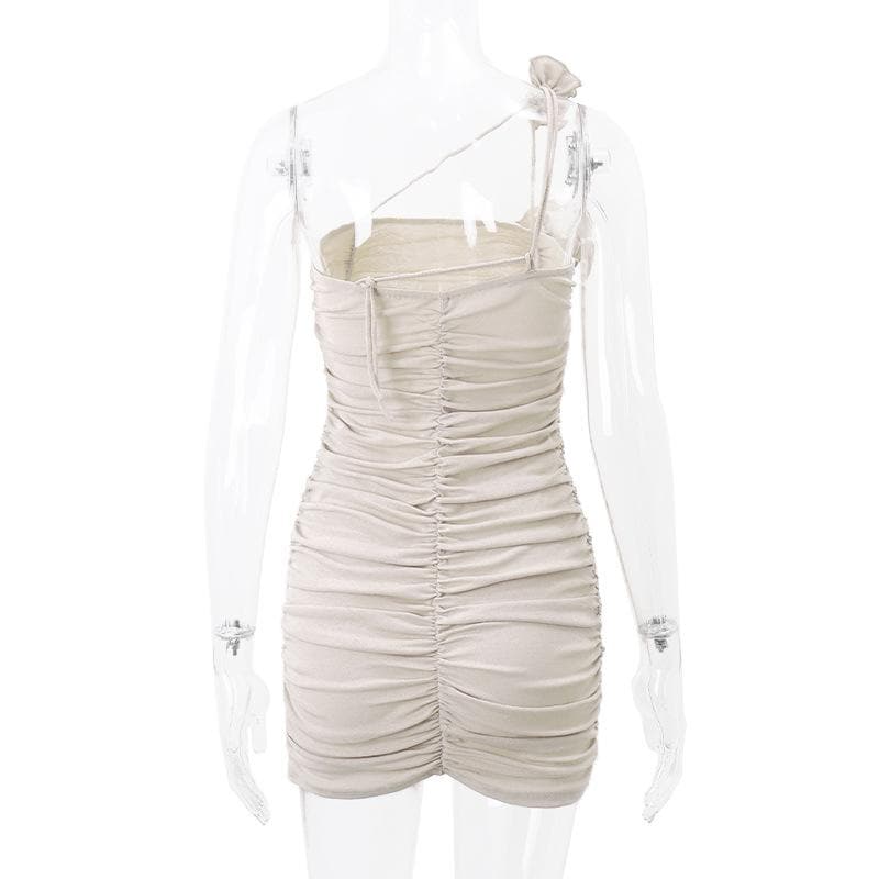 One Shoulder Flower Applique Ruched Bodycon Mini Dress