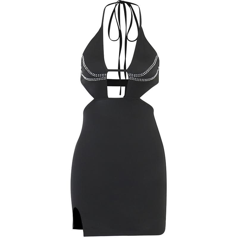 Beaded Halter Neck Cut Out High Split Bodycon Mini Dress