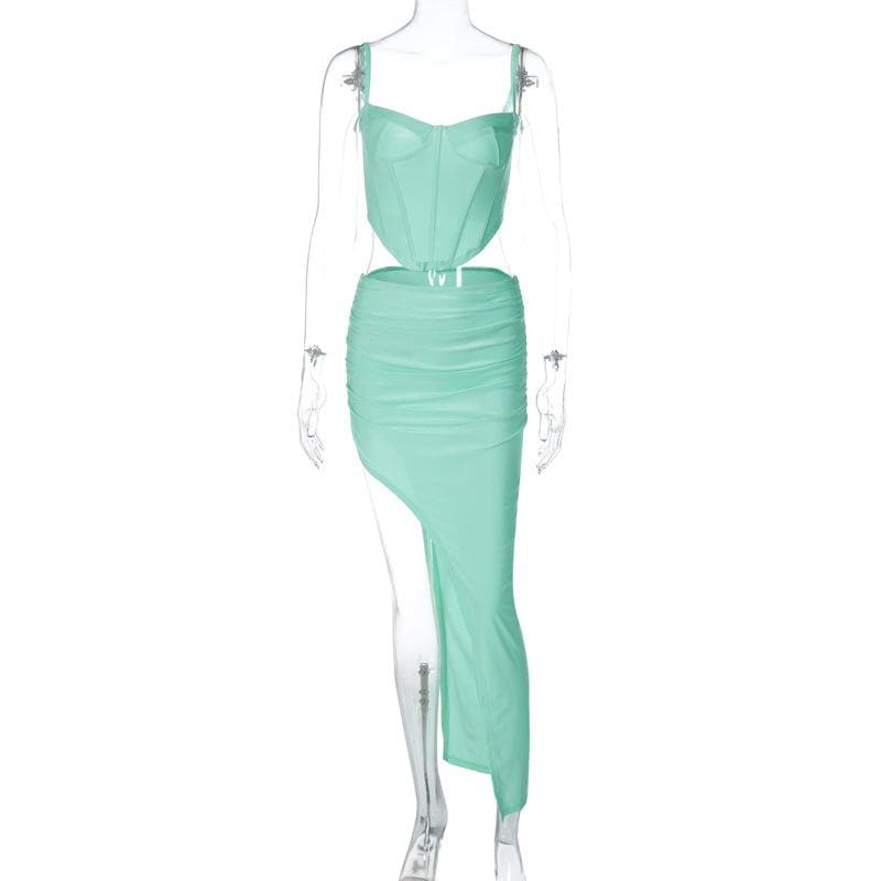 Low Cut Corset Ruched Backless High Split Maxi Dress