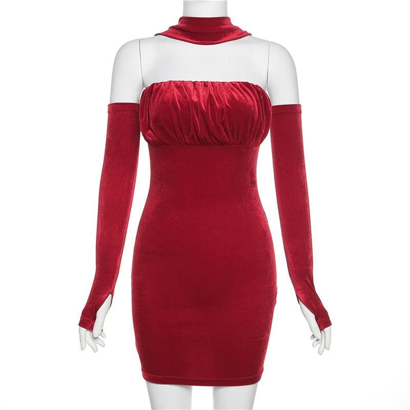 Velvet Halter Neck Glove Sleeve Ruched Bodycon Mini Dress