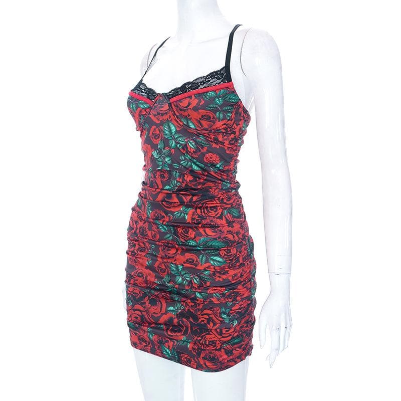 Floral Print Lace Trim Spaghetti Strap Ruched Bodycon Mini Dress