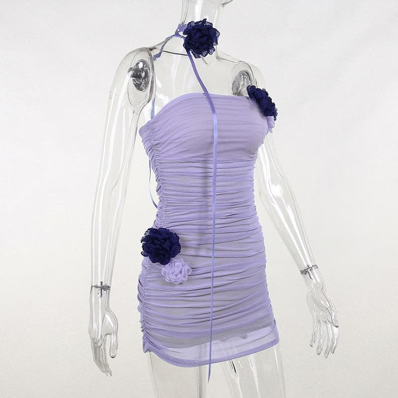 Strapless Rosette Ruched Mesh Backless Bodycon Mini Dress