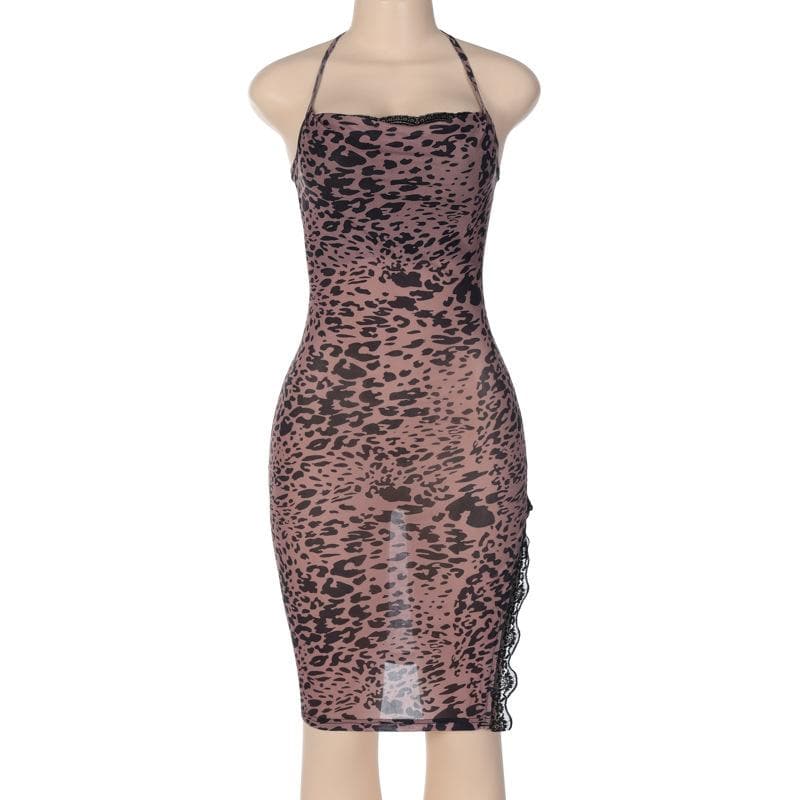 Leopard Print Cowl Neck Lace Trim Slit Bodycon Midi Dress