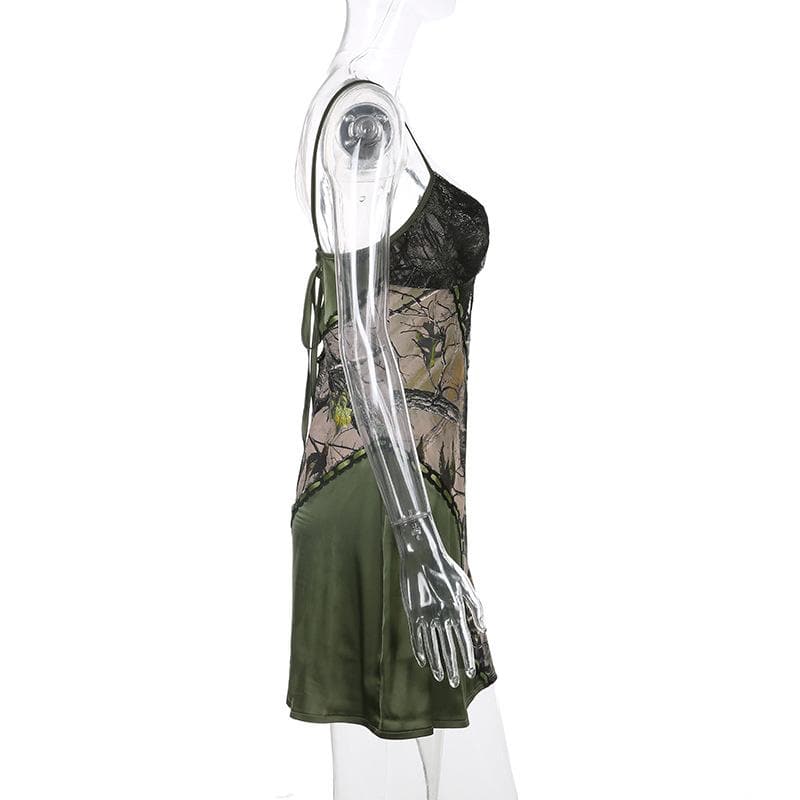 Lace Trim Forest Print Patchwork Spaghetti Strap Bodycon Mini Dress