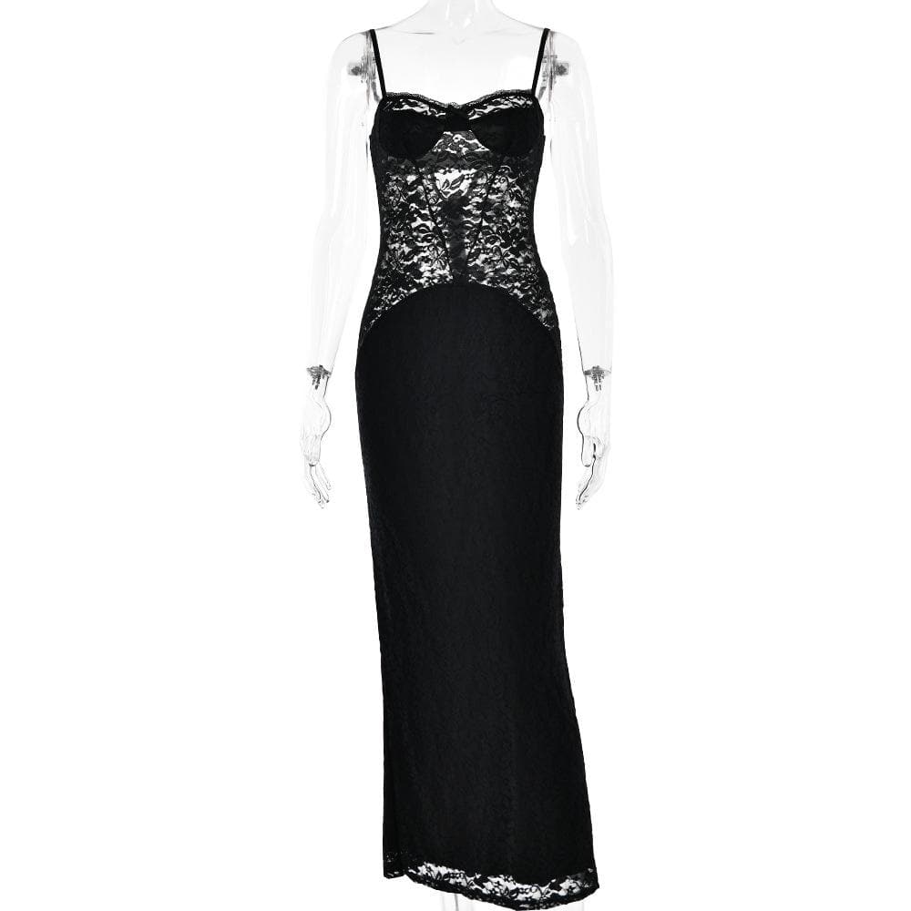 Button slit zip-up solid lace low cut maxi dress - View 9